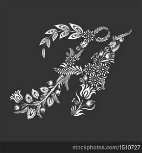 Floral uppercase white letter H monogram on black background. Vector illustration design.