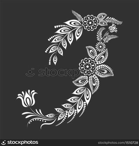 Floral uppercase white letter I monogram on black background. Vector illustration design.
