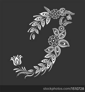 Floral uppercase white letter I monogram on black background. Vector illustration design.