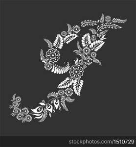 Floral uppercase white letter J monogram on black background. Vector illustration design.