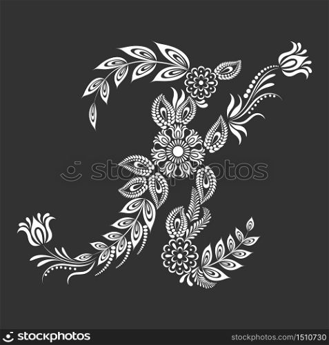 Floral uppercase white letter K monogram on black background. Vector illustration design.