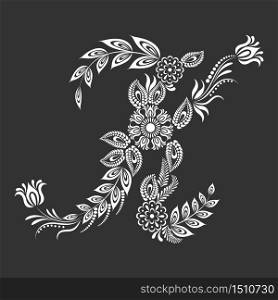 Floral uppercase white letter K monogram on black background. Vector illustration design.