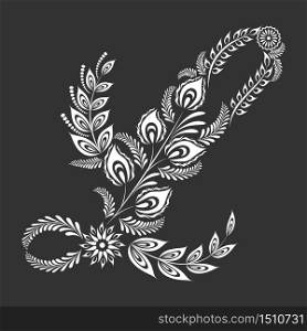 Floral uppercase white letter L monogram on black background. Vector illustration design.
