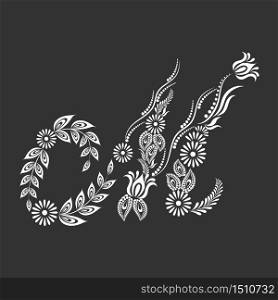 Floral uppercase white letter M monogram on black background. Vector illustration design.