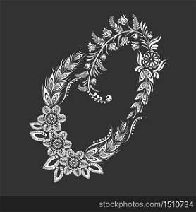 Floral uppercase white letter O monogram on black background. Vector illustration design.