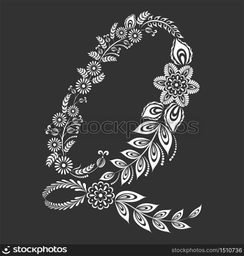 Floral uppercase white letter Q monogram on black background. Vector illustration design.