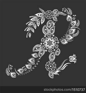 Floral uppercase white letter R monogram on black background. Vector illustration design.