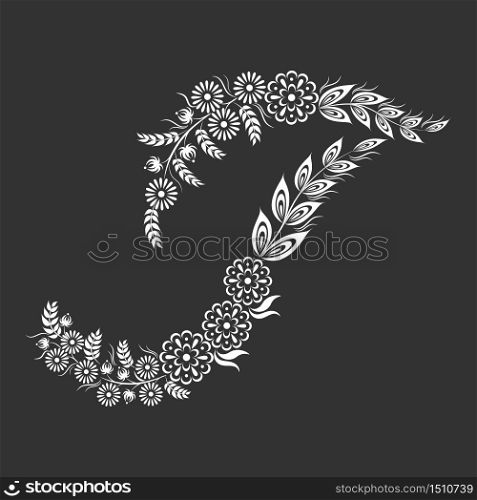 Floral uppercase white letter T monogram on black background. Vector illustration design.
