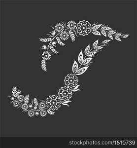 Floral uppercase white letter T monogram on black background. Vector illustration design.