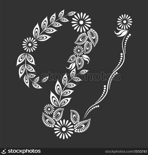 Floral uppercase white letter V monogram on black background. Vector illustration design.