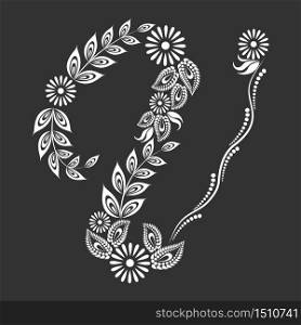 Floral uppercase white letter V monogram on black background. Vector illustration design.