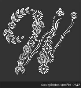 Floral uppercase white letter W monogram on black background. Vector illustration design.