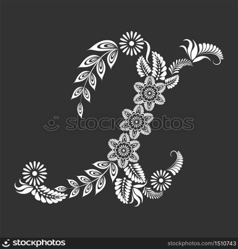 Floral uppercase white letter X monogram on black background. Vector illustration design.