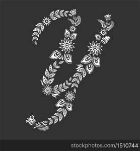 Floral uppercase white letter Y monogram on black background. Vector illustration design.