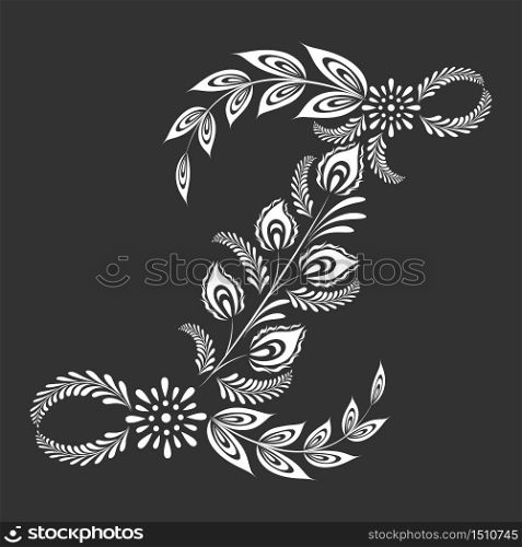 Floral uppercase white letter Z monogram on black background. Vector illustration design.