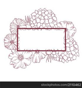 Floral vector background. Line drawing different flowers, hydrangeas, cosmos and wild rose.. Floral vector background. Line drawing different flowers
