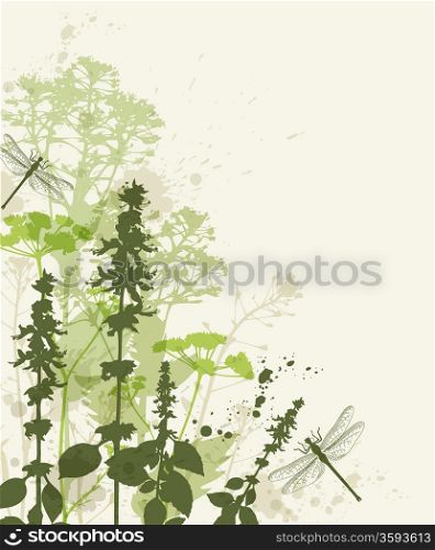 Floral vector background with green flowers and dragonfly