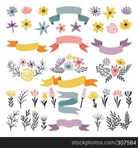 Floral vector decorative elements. Flowers, ribbons and plants for wedding invitation design. Flower and ribbon decoration illustration. Floral vector decorative elements. Flowers, ribbons and plants for wedding invitation design