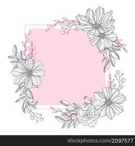 Floral vector frame with hand drawn flowers and leaves .. Floral vector frame. Sketch illustration.