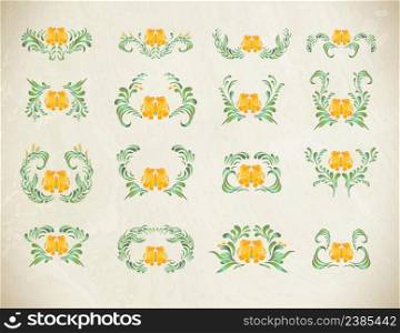 Floral vector ornament. Ukrainian traditional folk painting.. Folk yellow painting. Floral set