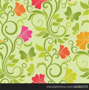 Floral vector seamless background with fresh spring flowers and butterflies