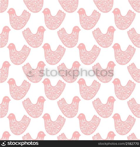 Floral vector seamless pattern with birds. Retro vintage valentine scandinavian style design with spring flowers, birds and heards. Doodle hand drawn baby print.. Floral vector seamless pattern with birds. Retro vintage valentine scandinavian style design with spring flowers, birds and heards. Doodle hand drawn baby print