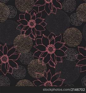 Floral vector seamless pattern with hand drawn lotus flowers . Floral pattern with hand drawn lotus flowers