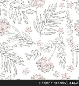 Floral vector seamless pattern with hand drawn lotus flowers and leaves. Floral pattern with lotus flowers