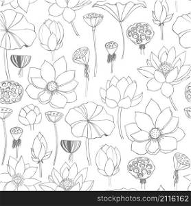 Floral vector seamless pattern with hand drawn lotus flowers and leaves. Floral pattern with hand drawn lotus flowers
