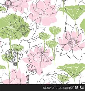 Floral vector seamless pattern with hand drawn lotus flowers and leaves. Floral s pattern with hand drawn lotus flowers