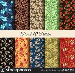 Floral vector seamless patterns set. 10 colorful flower effortless wall papers. No gradients used.