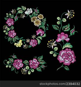 Floral vintage embroidery. Oriental flowers, rose peony embroidered ornaments. Garden romantic fashion decoration, bouquet nowaday vector print set. Illustration of flower vintage. Floral vintage embroidery. Oriental flowers, rose peony embroidered ornaments. Garden romantic fashion decoration, bouquet nowaday vector print set