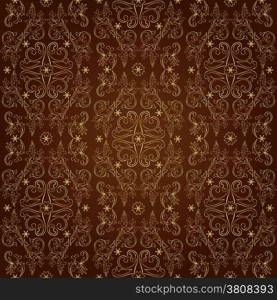 Floral vintage seamless pattern on brown background. Vector illustration.