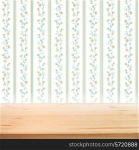 Floral wallpaper with wooden table for your design. Vector illustration.