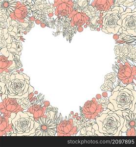 Floral wedding background with hand drawn flowers and leaves . Flower heart for valentines day.Vector sketch illustration.. Floral background . Vector sketch illustration.