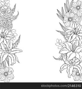 Floral wedding background with hand drawn flowers, leaves