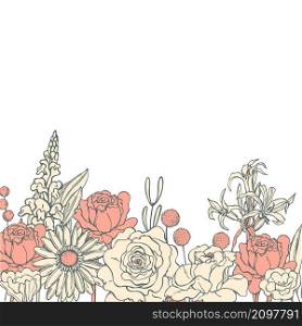 Floral wedding background with pink hand drawn flowers and leaves .. Floral background . Vector sketch illustration.