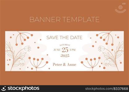 Floral wedding horizontal banner template in doodle style, Save the date, invitation card design beige and white flowers, leaves and berries. Decorative frame pattern and wreath.. Floral wedding horizontal banner template in doodle style, Save the date, invitation card design beige and white flowers, leaves and berries. Decorative frame pattern and wreath