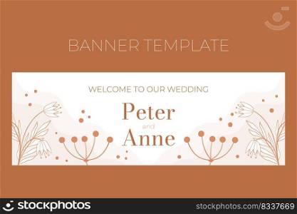Floral wedding horizontal banner template in doodle style, Welocme to our wedding, invitation card design beige and white flowers, leaves and berries. Decorative frame pattern and wreath.. Floral wedding horizontal banner template in doodle style, Welocme to our wedding, invitation card design beige and white flowers, leaves and berries. Decorative frame pattern and wreath