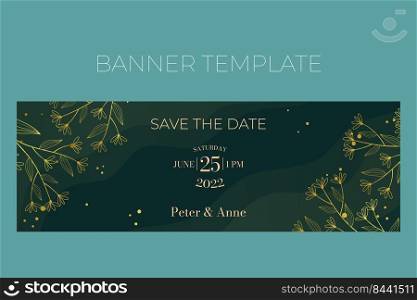 Floral wedding horizontal banner template in elegant golden style, Save the date, invitation card design with gold flowers with leaves, dots. Vector decoration on rich green background.. Floral wedding horizontal banner template in elegant golden style, invitation card design with gold flowers with leaves, dots. Vector decoration on rich green background