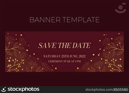 Floral wedding horizontal banner template in elegant golden style, Save the date, invitation card design with gold flowers with leaves, dots and berries. Vector frame on rich red background.. Floral wedding horizontal banner template in elegant golden style, Save the date, invitation card design with gold flowers with leaves, dots and berries. Vector frame on rich red background