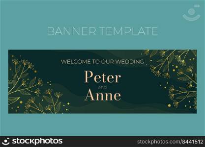 Floral wedding horizontal banner template in elegant golden style, Welcome to our wedding, invitation card design with gold flowers with leaves, dots. Vector decoration on rich green. Floral wedding horizontal banner template in elegant golden style, invitation card design with gold flowers with leaves, dots. Vector decoration on rich green.
