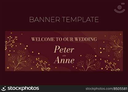 Floral wedding horizontal banner template in elegant golden style, Welcome to our wedding, invitation card design with gold flowers with leaves, dots and berries. Vector frame on rich red background.. Floral wedding horizontal banner template in elegant golden style, Welcome to our wedding, invitation card design with gold flowers with leaves, dots and berries. Vector frame on rich red background