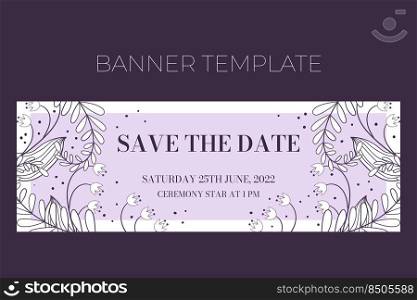Floral wedding horizontal banner template in hand drawn doodle style, Save tha date invitation card design with line flowers, leaves, fern and dots. Vector frame on white and lilac. Floral wedding horizontal banner template in hand drawn doodle style, Save tha date invitation card design with line flowers, leaves, fern and dots. Vector frame on white and lilac.