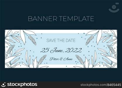 Floral wedding horizontal banner template in hand drawn doodle style, Save the date invitation card design with line flowers and leaves, dots. Vector decorative frame on white and blue background.. Floral wedding horizontal banner template in hand drawn doodle style, Save the date invitation card design with line flowers and leaves, dots. Vector decorative frame on white and blue background