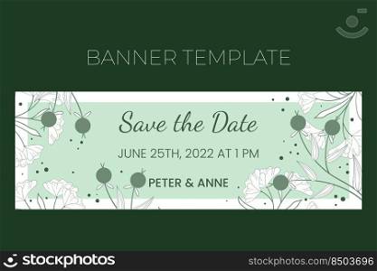 Floral wedding horizontal banner template in hand drawn doodle style, Save the date invitation card design with line flowers and leaves, dots and berries. Vector frame on white and green background.. Floral wedding horizontal banner template in hand drawn doodle style, Save the date invitation card design with line flowers and leaves, dots and berries. Vector frame on white and green background