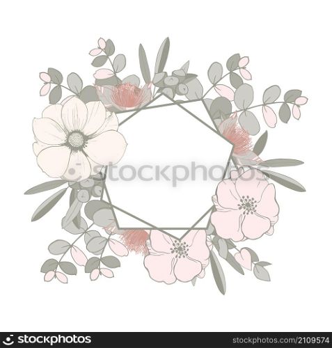 Floral Wedding Invitation with pink flowers and eucalyptus leaves. Vector illustration. Floral Wedding Invitation with pink flowers and eucalyptus leaves