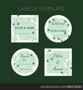 Floral wedding Labels template in hand drawn doodle style, invitation card design with line flowers and leaves, dots and berries. Vector decorative frame on white and green background.. Floral wedding Labels template in hand drawn doodle style, invitation card design with line flowers and leaves, dots and berries. Vector decorative frame on white and green background
