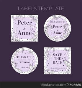 Floral wedding Labels template in hand drawn doodle style, invitation card design with line flowers, leaves, fern and dots. Vector decorative frame on white and lilac background.. Floral wedding Labels template in hand drawn doodle style, invitation card design with line flowers, leaves, fern and dots. Vector decorative frame on white and lilac background