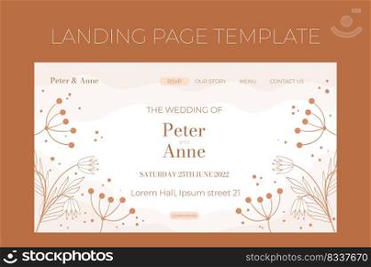 Floral wedding Landing page template in doodle style, invitation card design beige and white flowers, leaves and berries. Decorative frame pattern and wreath. Vector elegant decoration on white. Floral wedding Landing page template in doodle style, invitation card design beige and white flowers, leaves and berries. Decorative frame pattern and wreath. Vector elegant decoration on white.